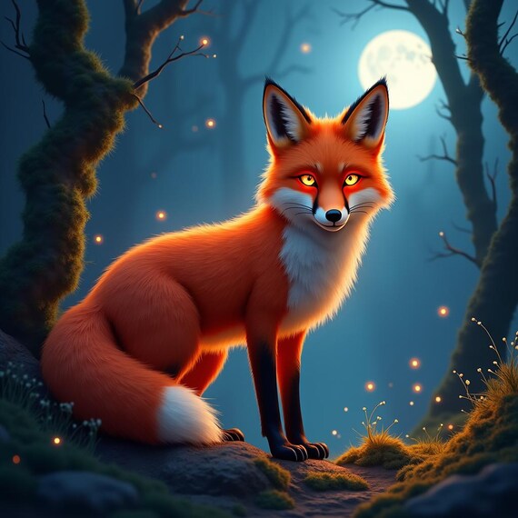 Enchanted Red Fox Moonlit Forest Fireflies Fantasy Art Poster