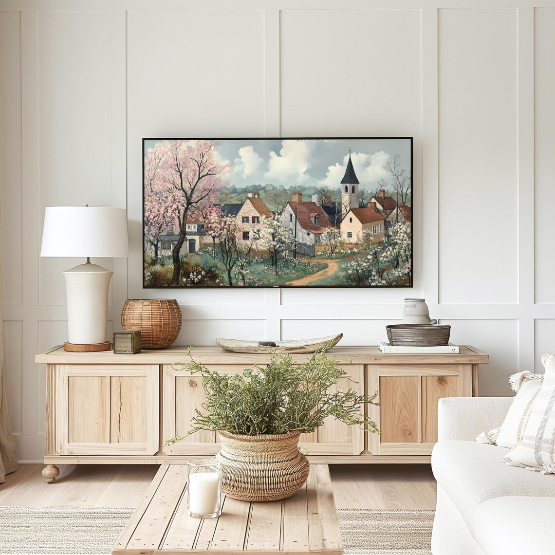 Spring Village Blooming Trees Church Spire Cottages Wall Art - Image 5