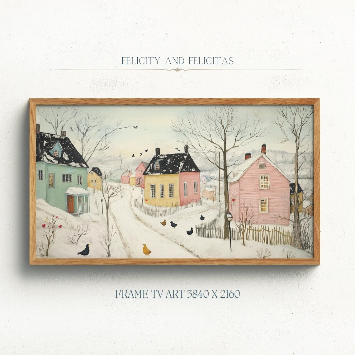 Pastel Snowy Village Street with Winter Birds Frame TV Art Poster