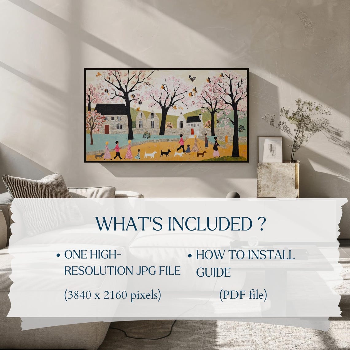Spring Cherry Blossom Village Dog Walkers Frame TV Art Poster - Image 2