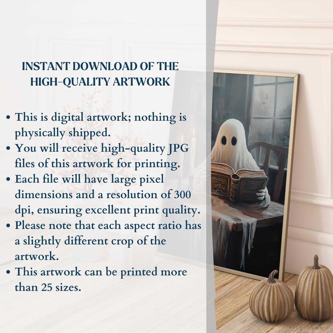 Cute Ghost Reading Book Candlelit Library Dark Academia Halloween Art Poster - Image 3