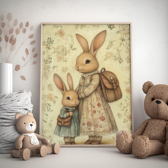 Mother and Child Bunny with Satchels Vintage Floral Nursery Wall Art