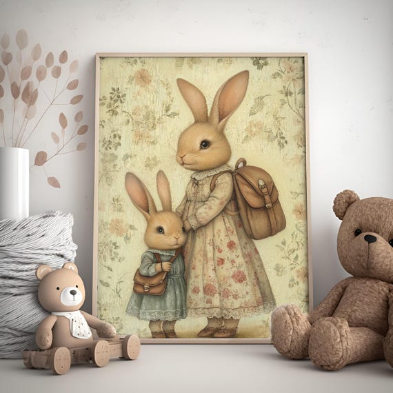 Vintage Bunny Nursery Wall Art Cute Bunny Nursery Print Neutral Kids Room Illustration Beige Toddler Room Art
