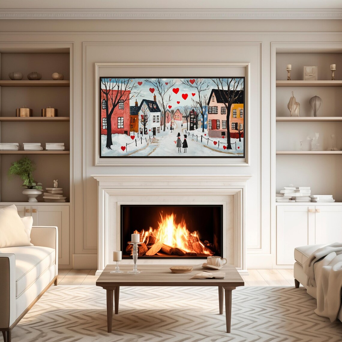 Cute Valentines Hearts Street Snowy Town Love Month Art Poster - Image 4