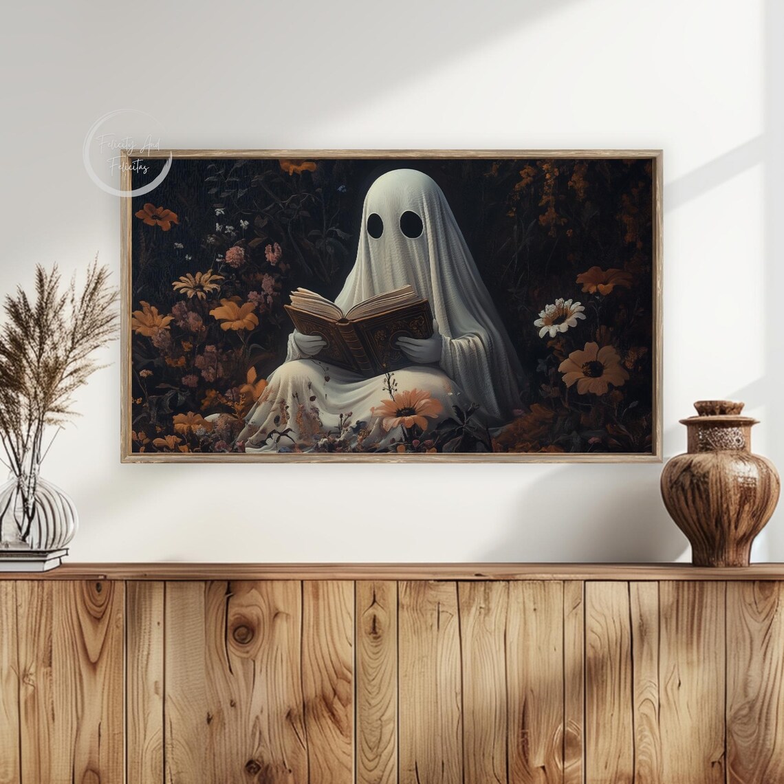 Ghost Reading Book Among Dark Autumn Flowers Moody Halloween Frame TV Art Poster - Image 6
