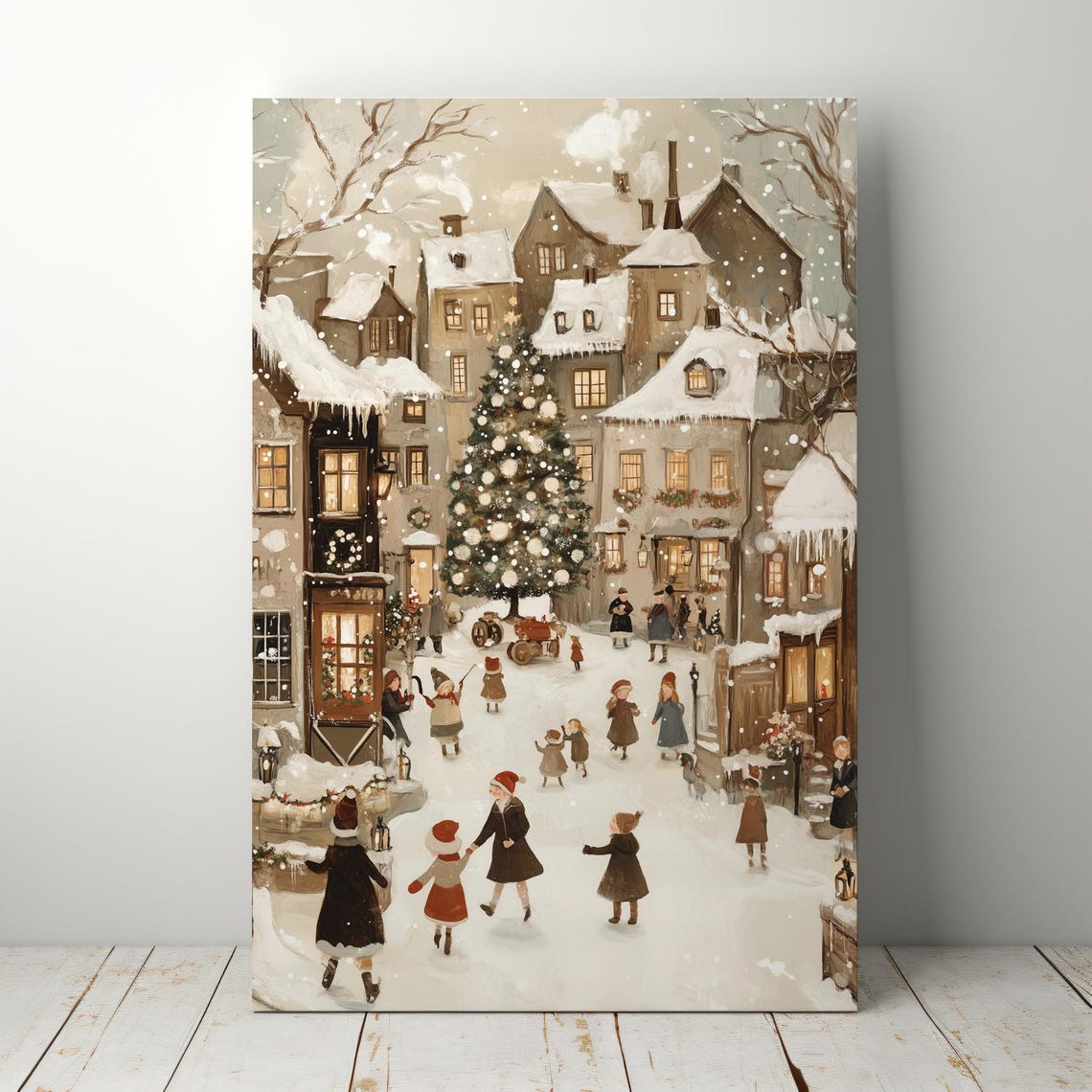 Snowy Winter Village Square Children Big Tree Holiday Poster - Image 5