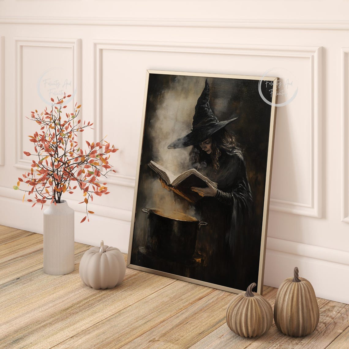 Dark Vintage Witch Reading Spellbook Cauldron Halloween Wall Art - Image 4