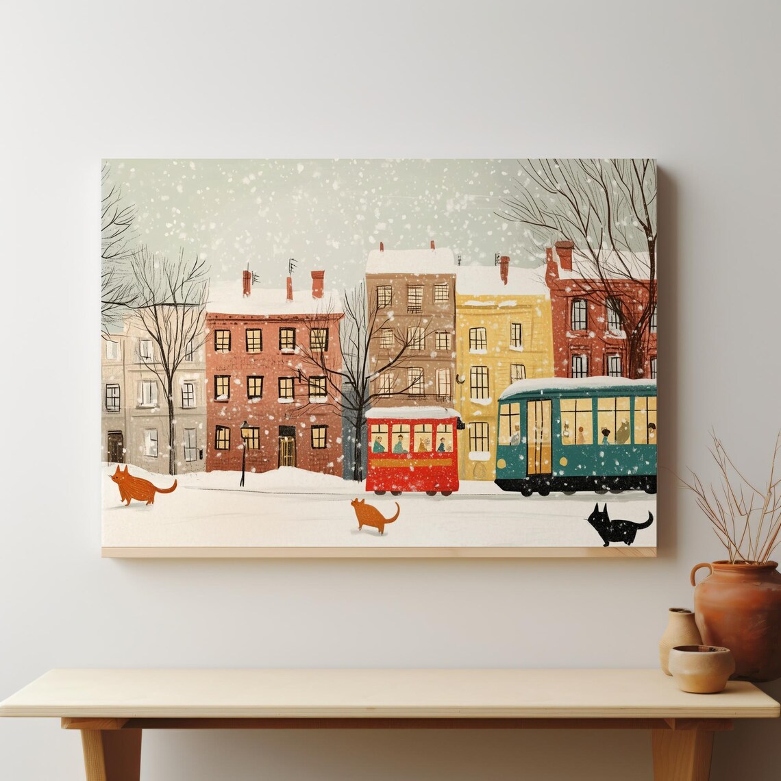 Charming Snowy City Street Cats Red Tram Vintage Winter Poster - Image 4