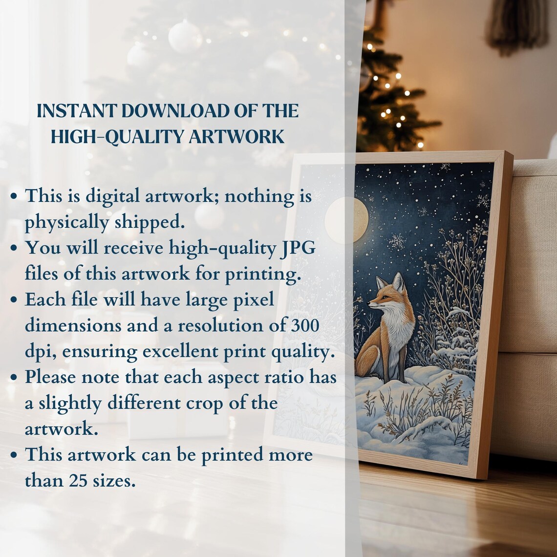 Red Fox Under Full Moon in Snowy Night Winter Forest Art Print - Image 3