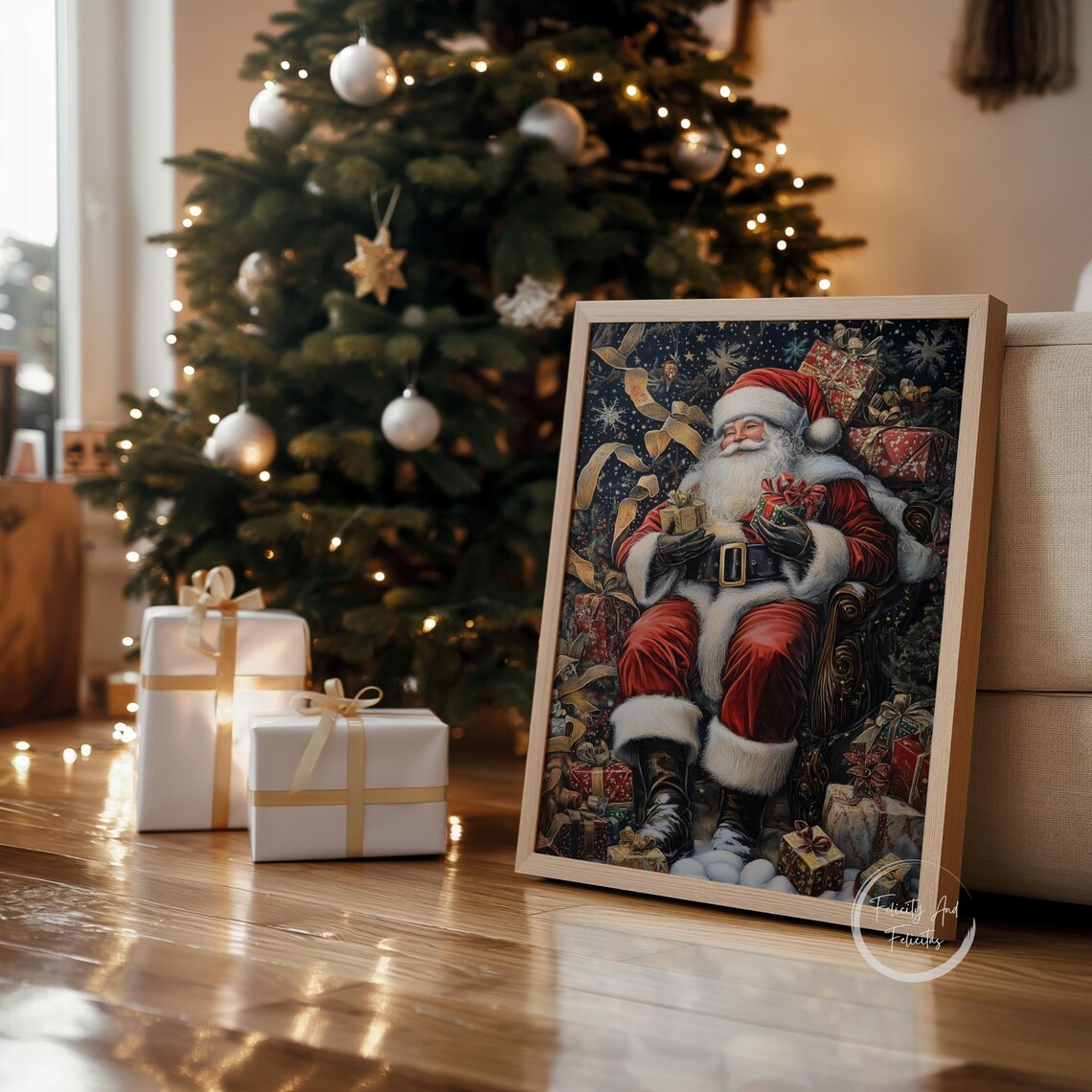 Vintage Santa Claus Holding Gifts Starry Night Christmas Wall Art - Image 4