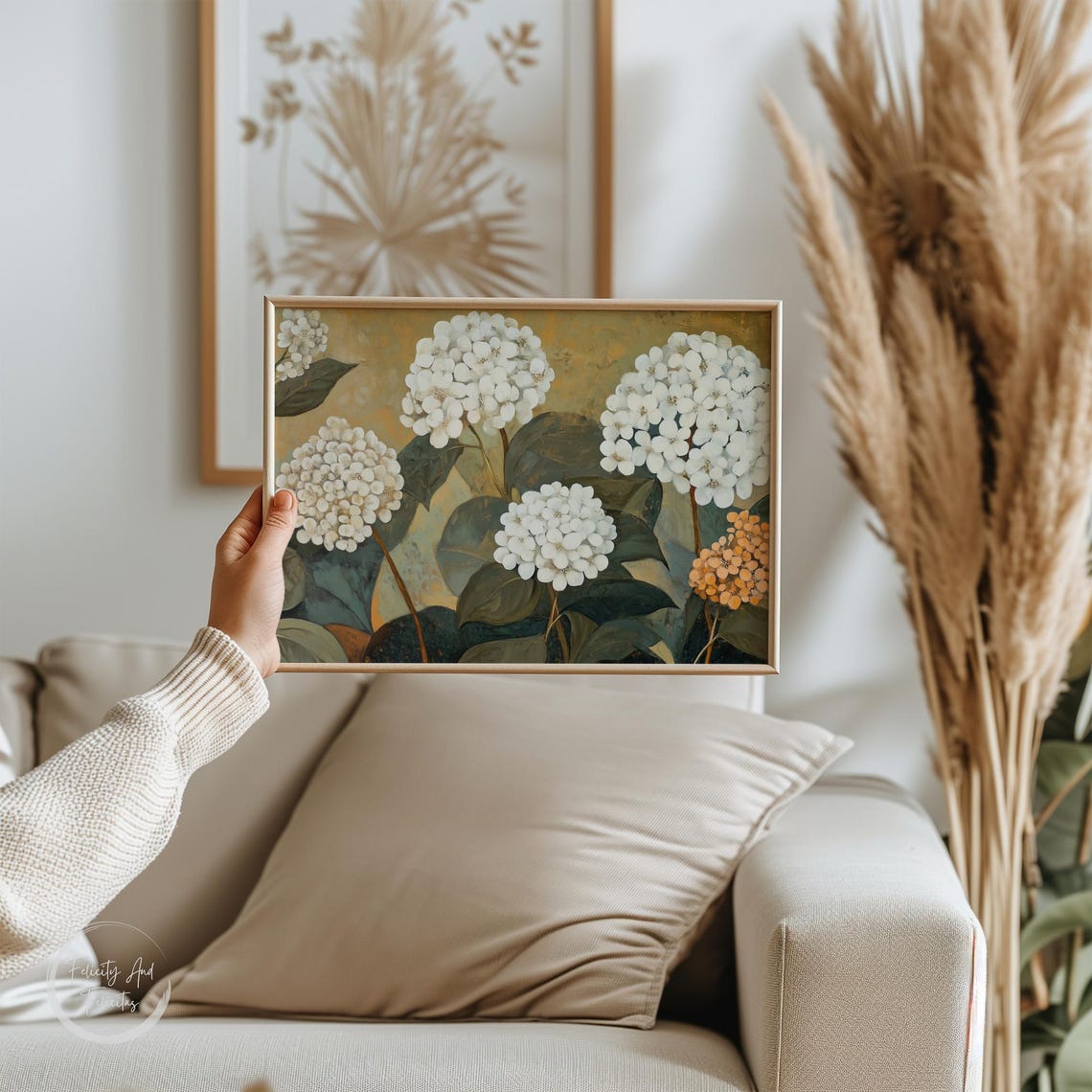 White Hydrangea Botanical Painting On Golden Background Poster - Image 6