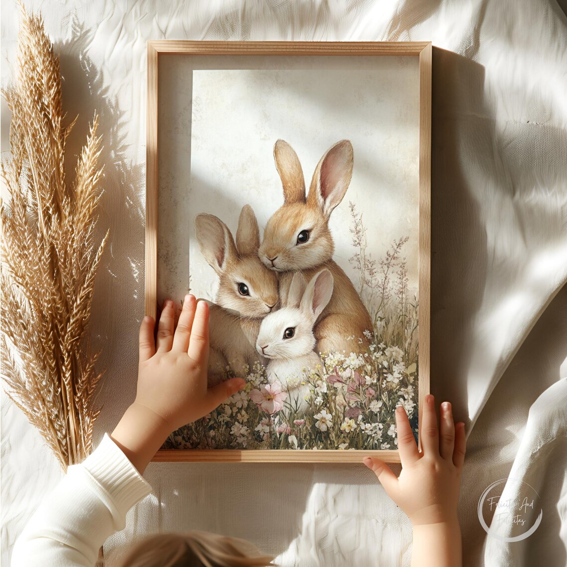 Cute Vintage Bunnies Wildflower Meadow Neutral Nursery Wall Art - Image 4