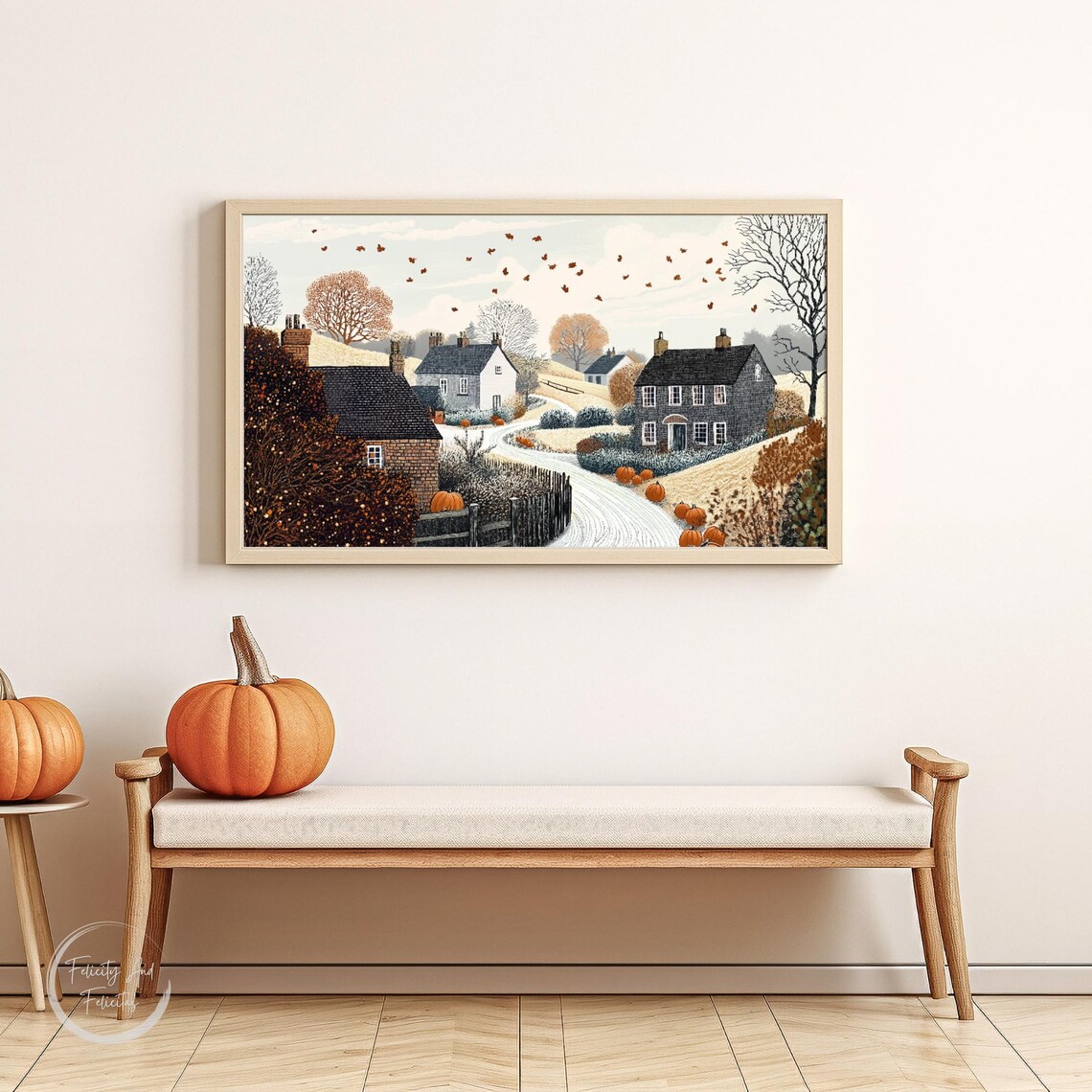 Dark Autumn Village Road Pumpkins Crows Moody Halloween Poster - Image 6