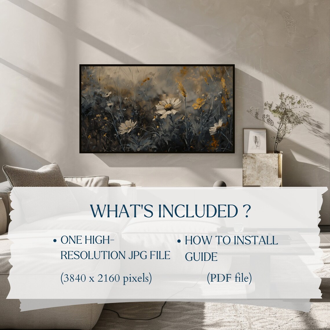 Dark Moody Floral Daisy Meadow Impressionist Frame TV Art Print - Image 2