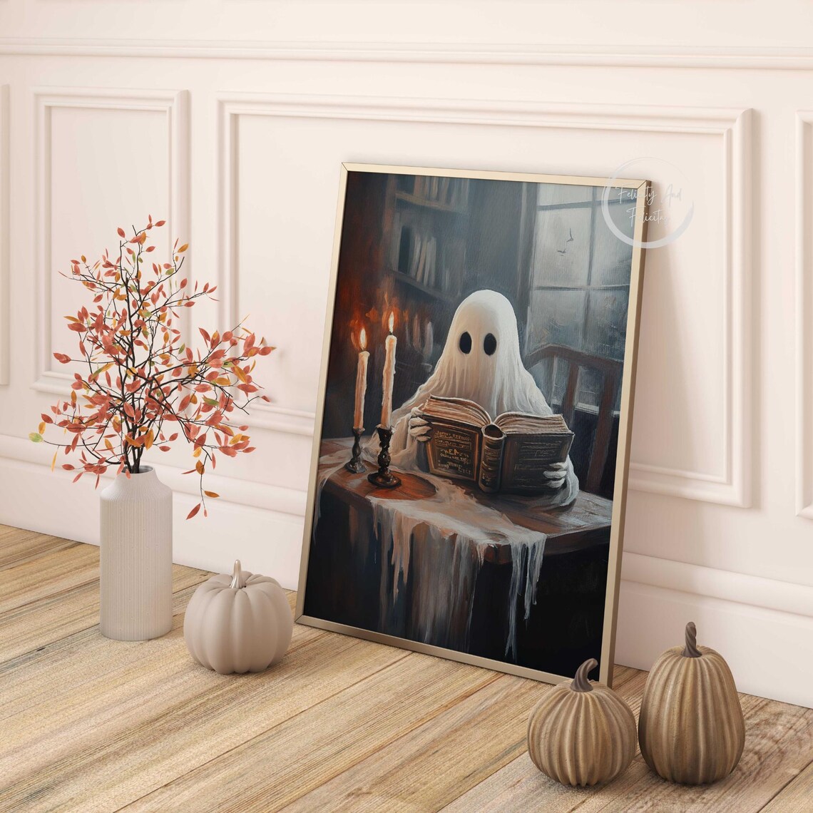 Cute Ghost Reading Book Candlelit Library Dark Academia Halloween Art Poster - Image 4