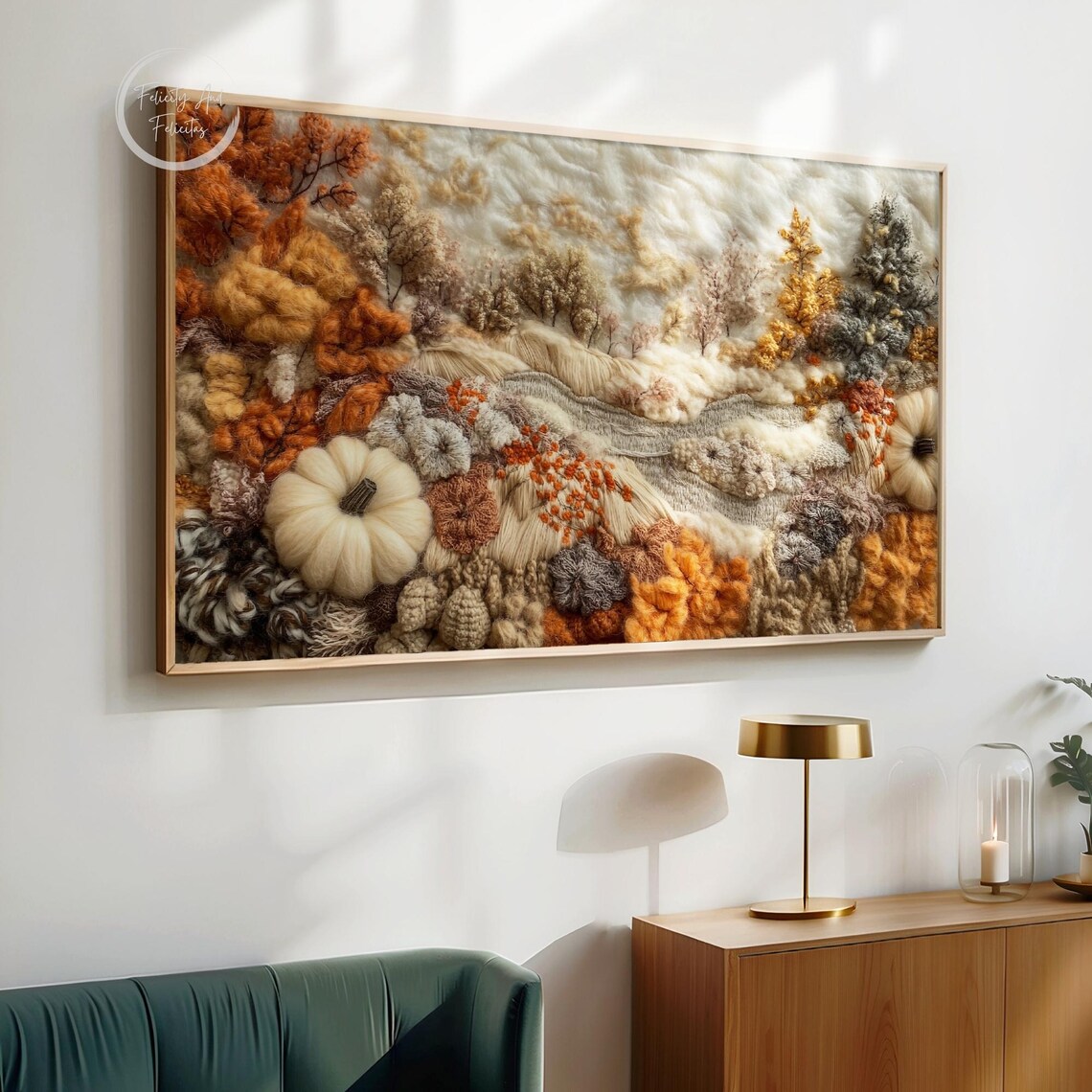 Textured Fiber Art Autumn Landscape with Pumpkins Fall Hills Poster - Image 4