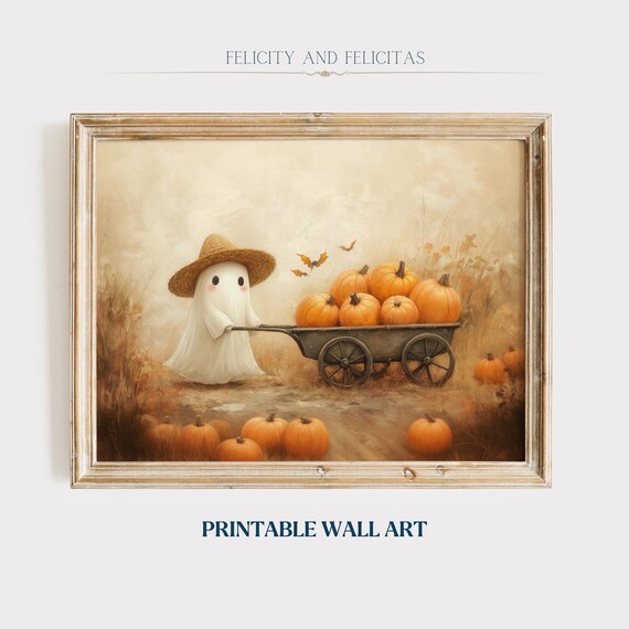 Cute Ghost Straw Hat Pushing Pumpkin Wagon Bats Halloween Wall Art