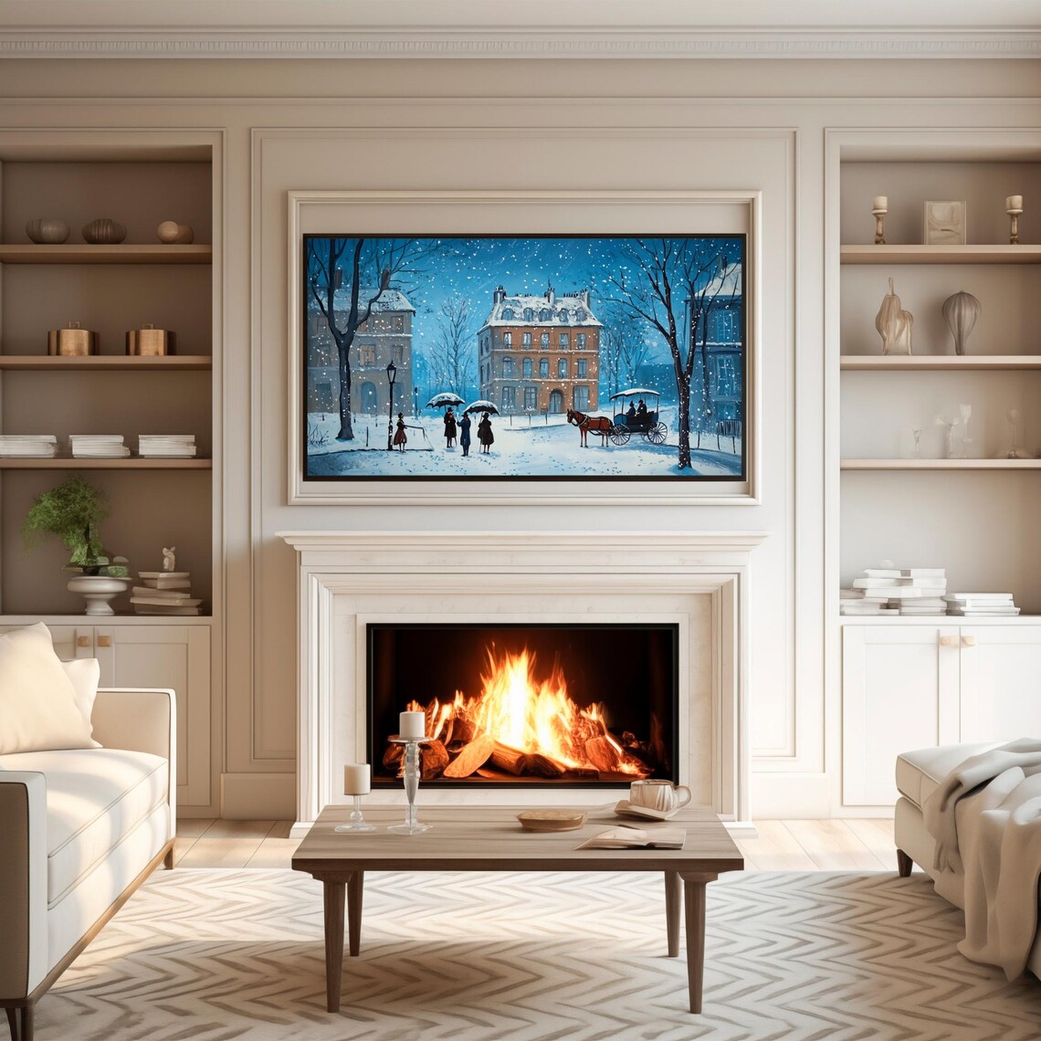 Snowy Vintage Street Horse Carriage Blue Winter Night Frame TV Art Poster - Image 4