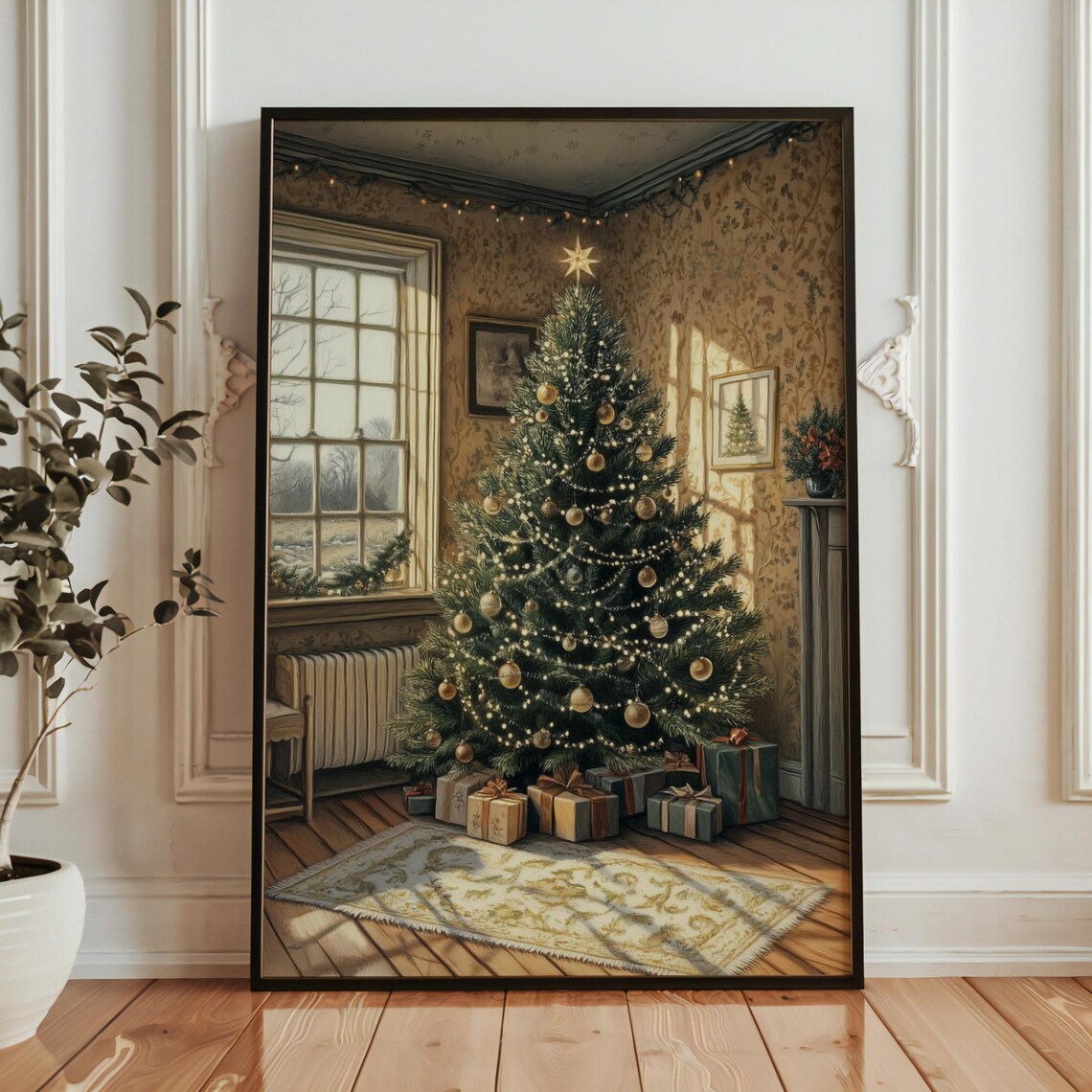 Christmas Tree with Gold Star in Cozy Stone Cottage Room Poster - Image 5