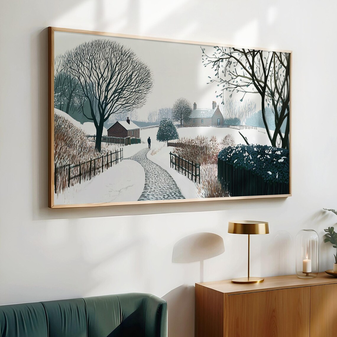 Snowy Country Lane Cottages Lone Walker Winter Countryside Poster - Image 6