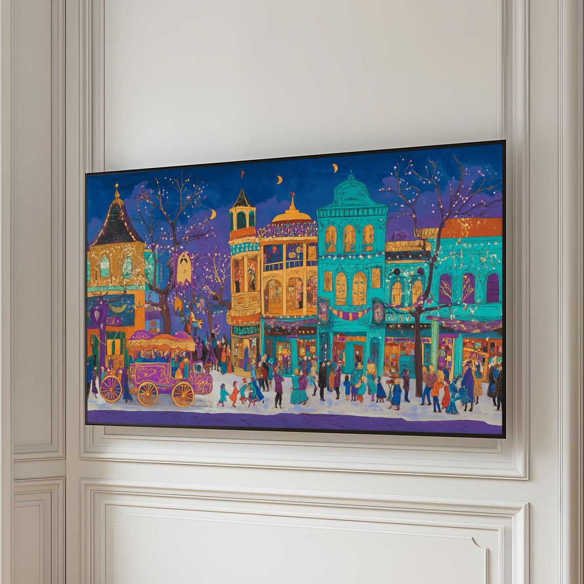 Teal and Gold Night Town Festival Carriage Frame TV Art Poster - Image 5