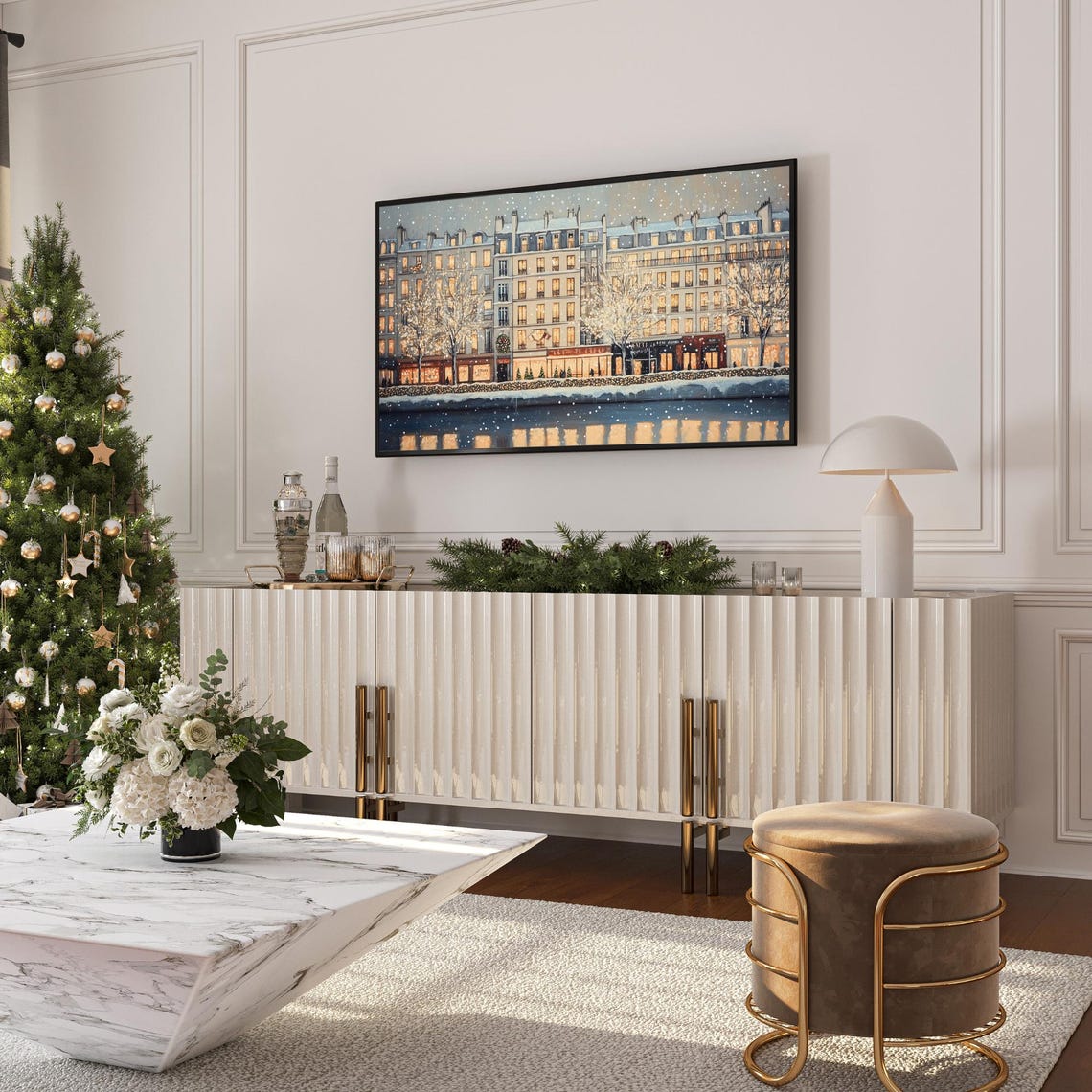 Snowy European City Evening River Reflection Lights Wall Art - Image 6