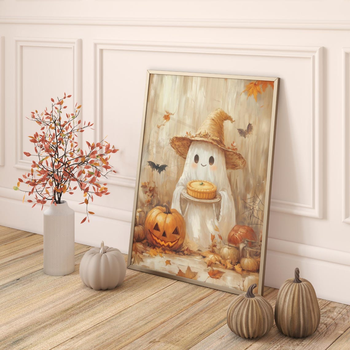 Cute Ghost With Pumpkin Pie Jack O Lanterns Halloween Wall Art - Image 4