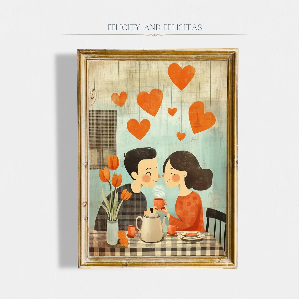 Retro Valentines Day Couple Tea Hearts Tulips Love Sweet Wall Art