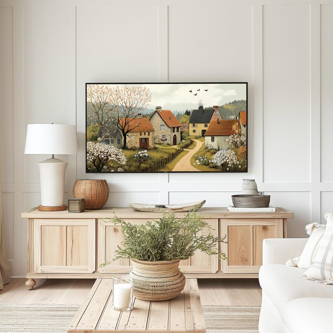 Rural Spring Village Stone Cottages Blossoming Trees Frame TV Art Poster - Image 5