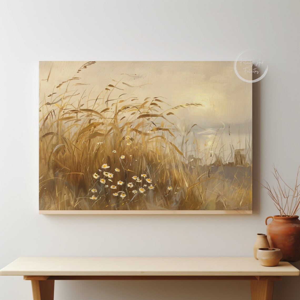 Summer Coastal Grass Field Daisies Vintage Neutral Oil Art Poster - Image 2