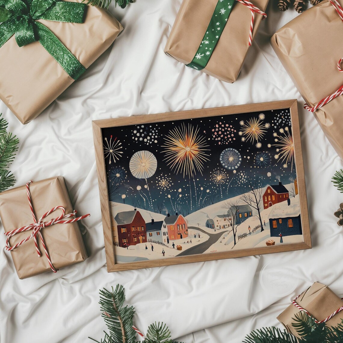 Fireworks Over Snowy Village At Night New Years Eve Scene Poster - Image 6