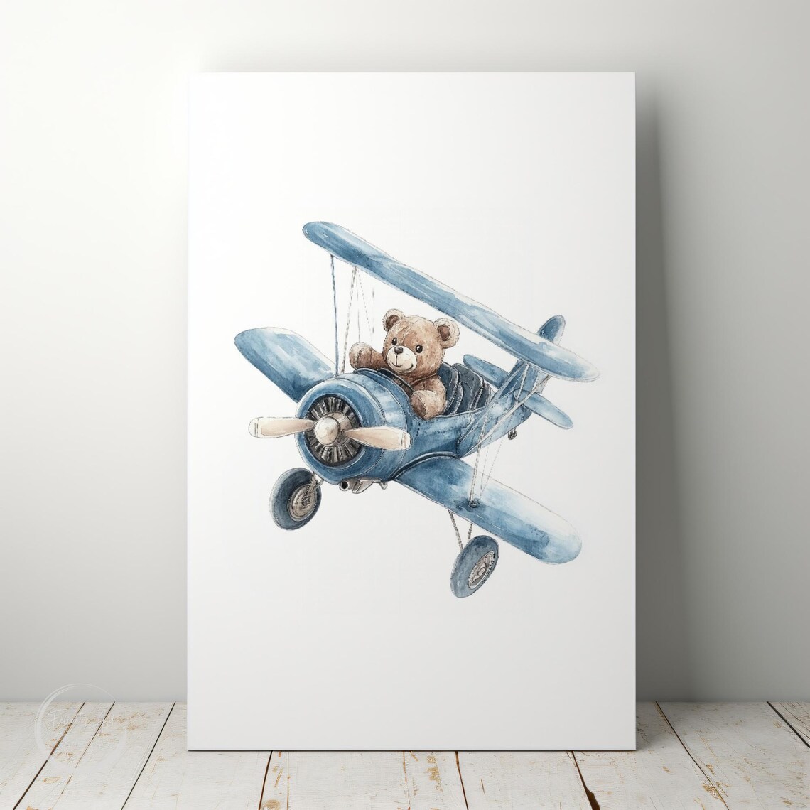 Teddy Bear Piloting Blue Biplane Watercolor Nursery Wall Art - Image 5
