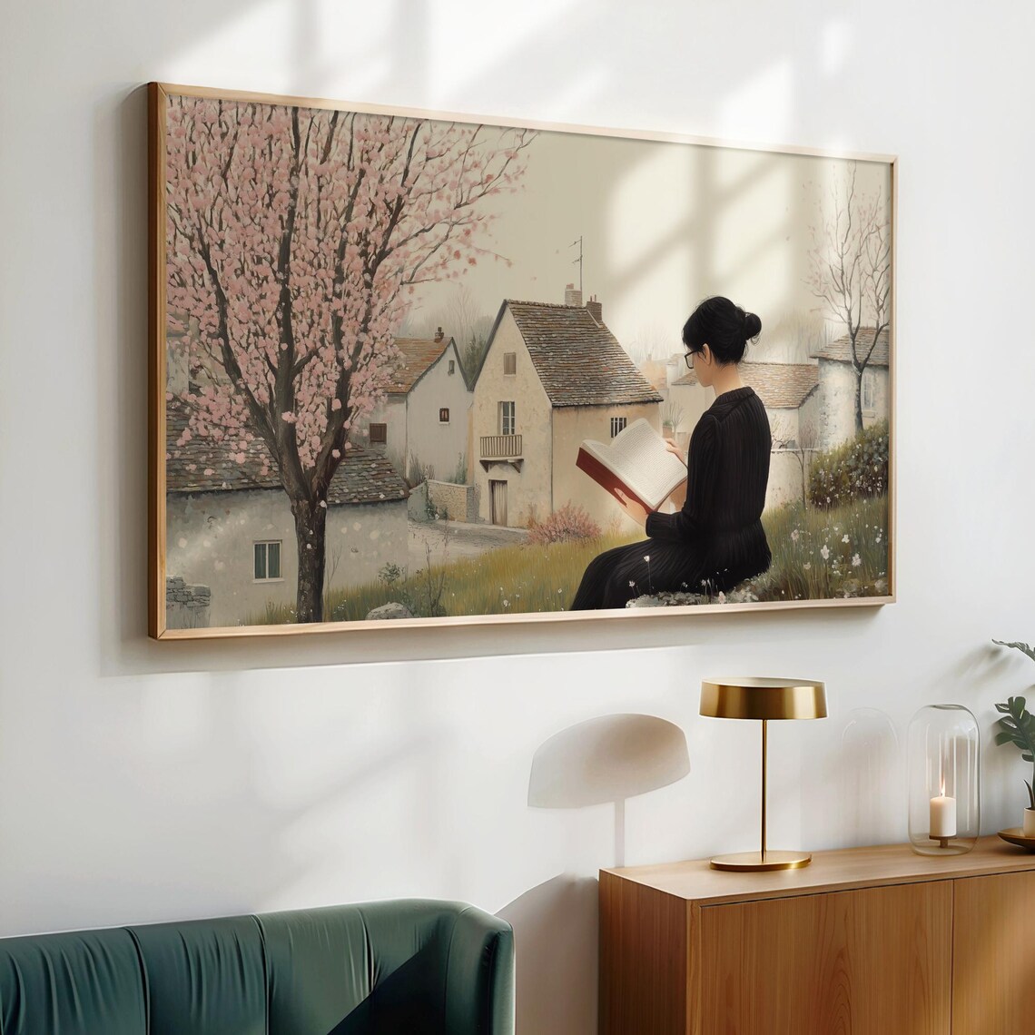 Spring Reading Woman Book Cherry Blossom Tree Village Poster - Image 6