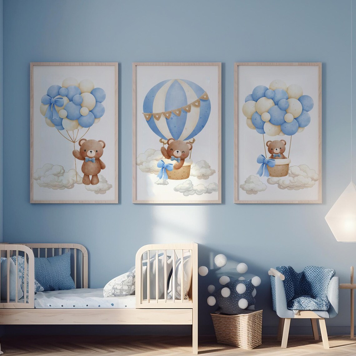 Blue Teddy Bear Hot Air Balloon Nursery Set Boy Room Wall Art - Image 4