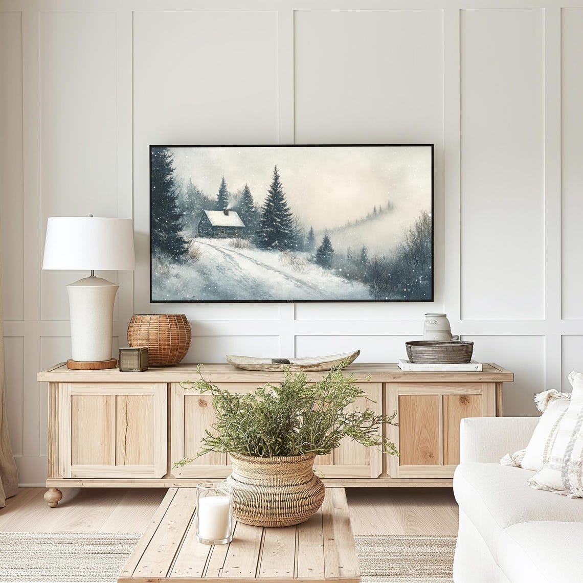 Vintage Winter Log Cabin Pines Falling Snow Landscape Poster - Image 5