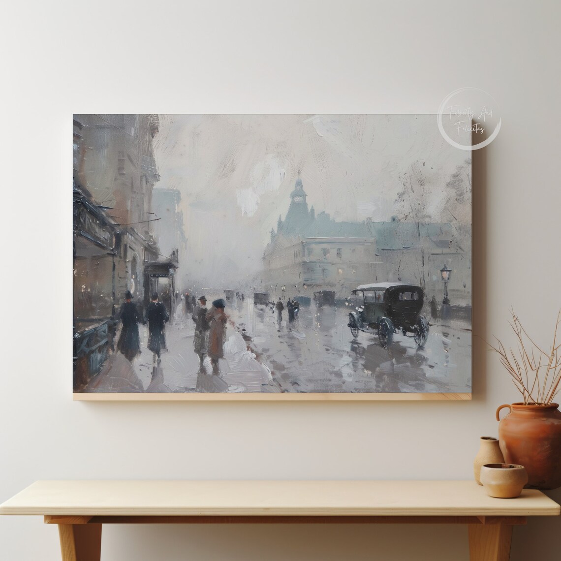Rainy Vintage City Street with Umbrellas Impressionist Rain Poster - Image 5