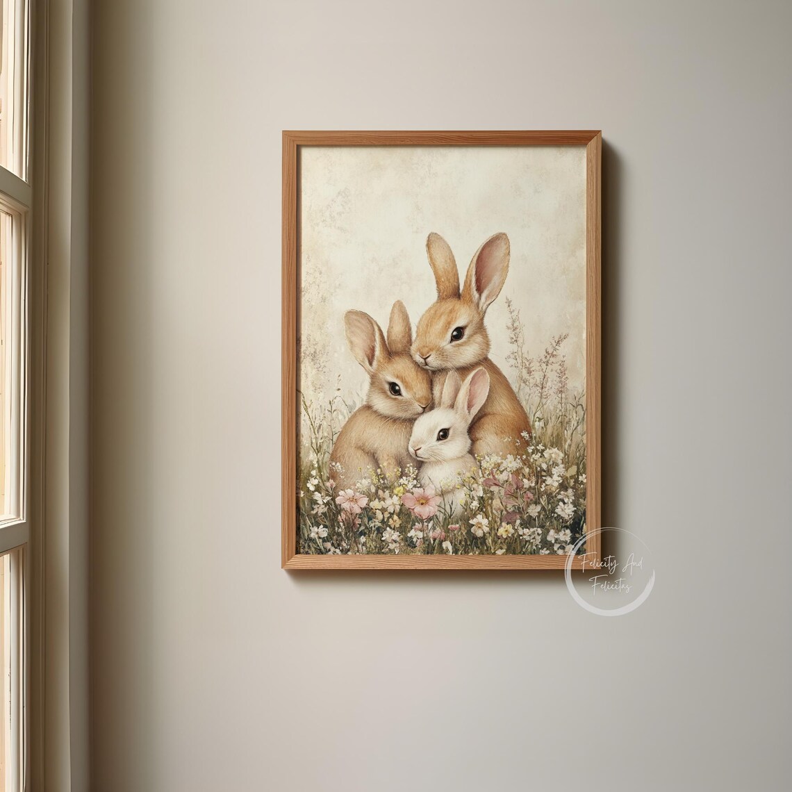 Cute Vintage Bunnies Wildflower Meadow Neutral Nursery Wall Art - Image 5