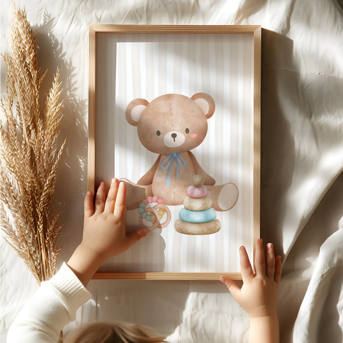 Teddy Bear with Blue Ribbon Stacking Rings Baby Toy Nursery Wall Art - Image 3
