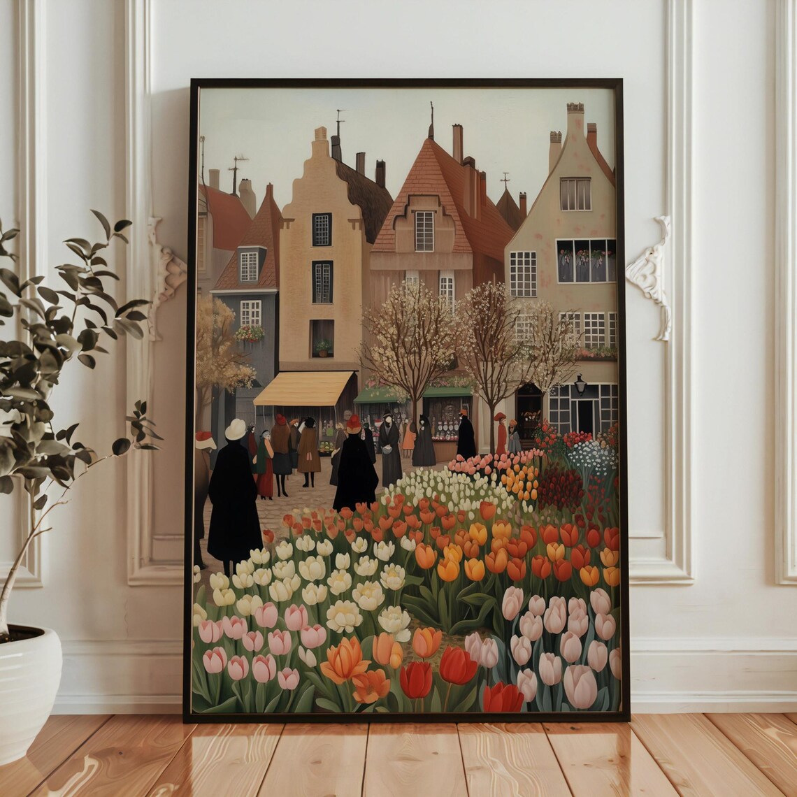 Tulip Flower Market Village Street Folk Art Springtime Poster - Image 3
