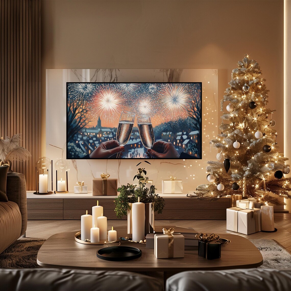 Champagne Toast Fireworks Snowy Town New Years Eve TV Art Poster - Image 6