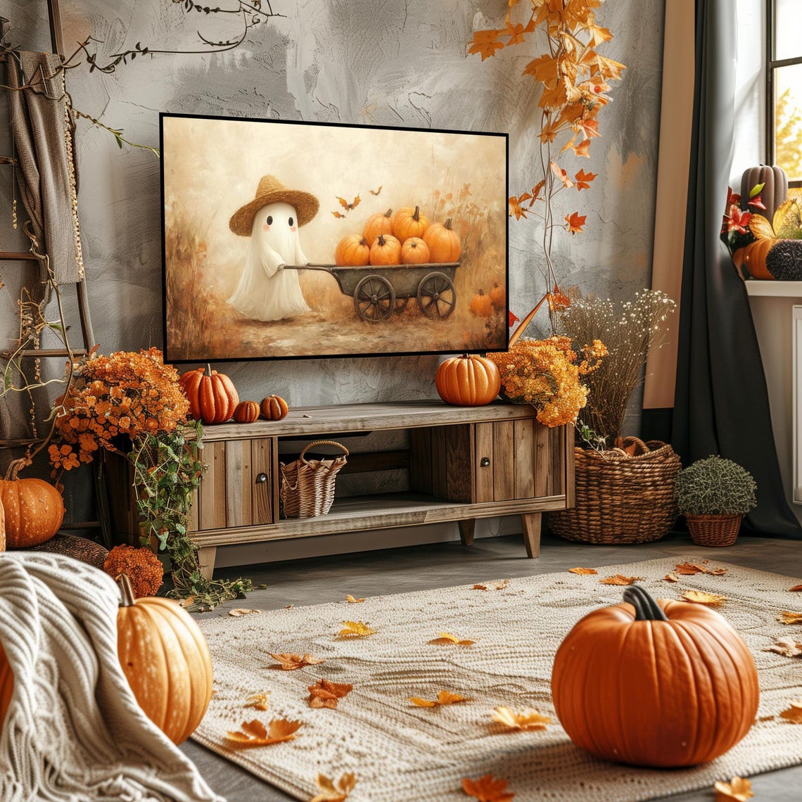 Cute Ghost Straw Hat Pumpkin Wagon Fall Field Halloween Poster - Image 4