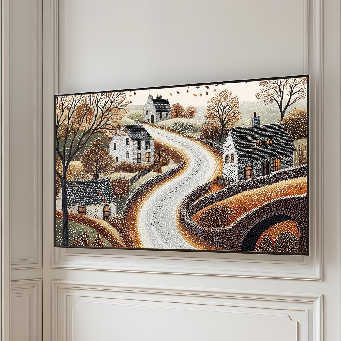 Autumn Village Road with Stone Bridge Cottages Folk Art Poster - Image 3