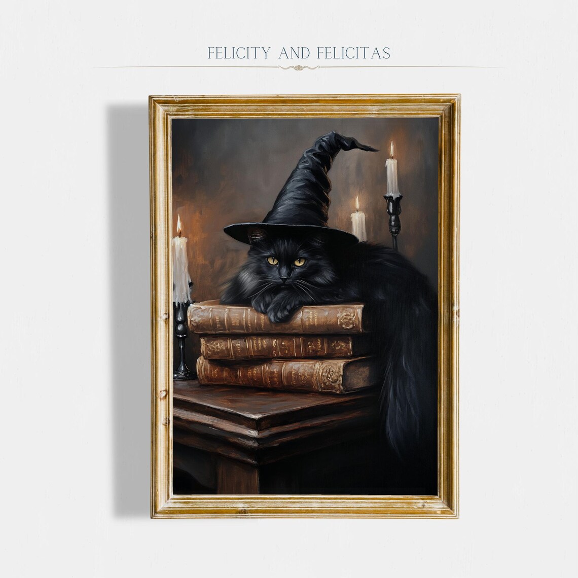 Black Cat Witch Hat Antique Books Candles Dark Halloween Wall Art
