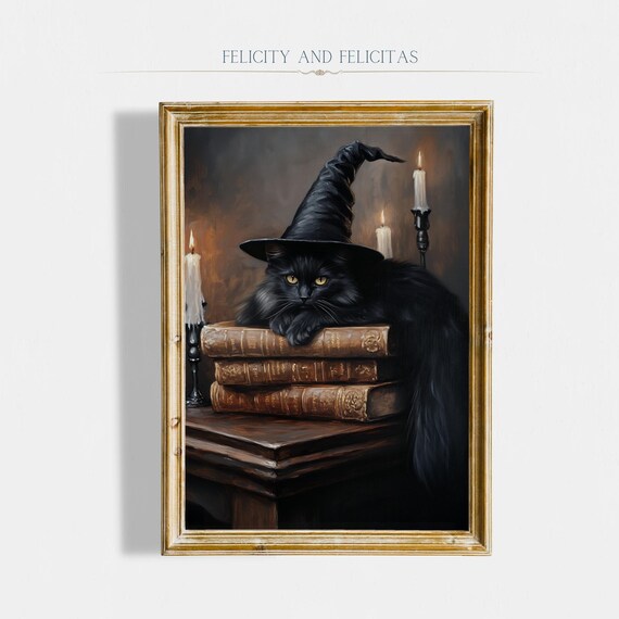 Black Cat Witch Hat Antique Books Candles Dark Halloween Wall Art