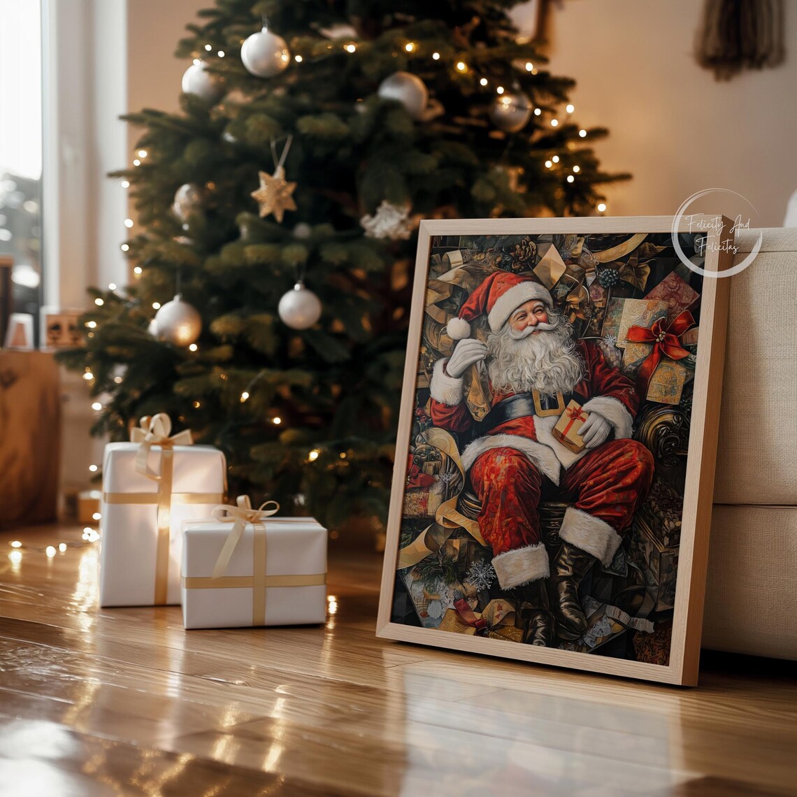 Antique Santa Claus Seated Among Gifts Dark Academia Style Poster - Image 4