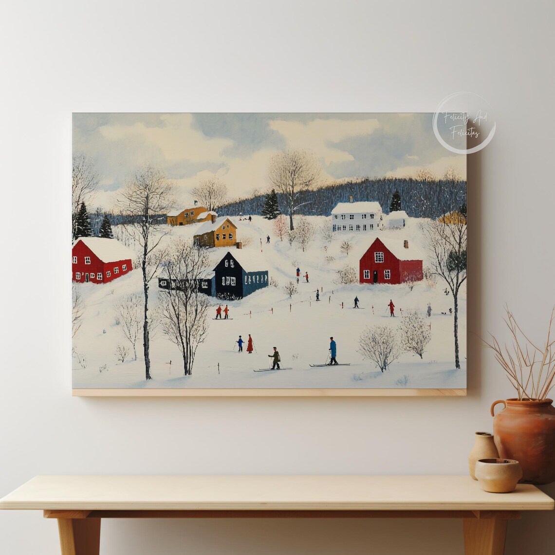 Winter Village Skiers On Snowy Hill Red Houses Folk Art Poster - Image 5