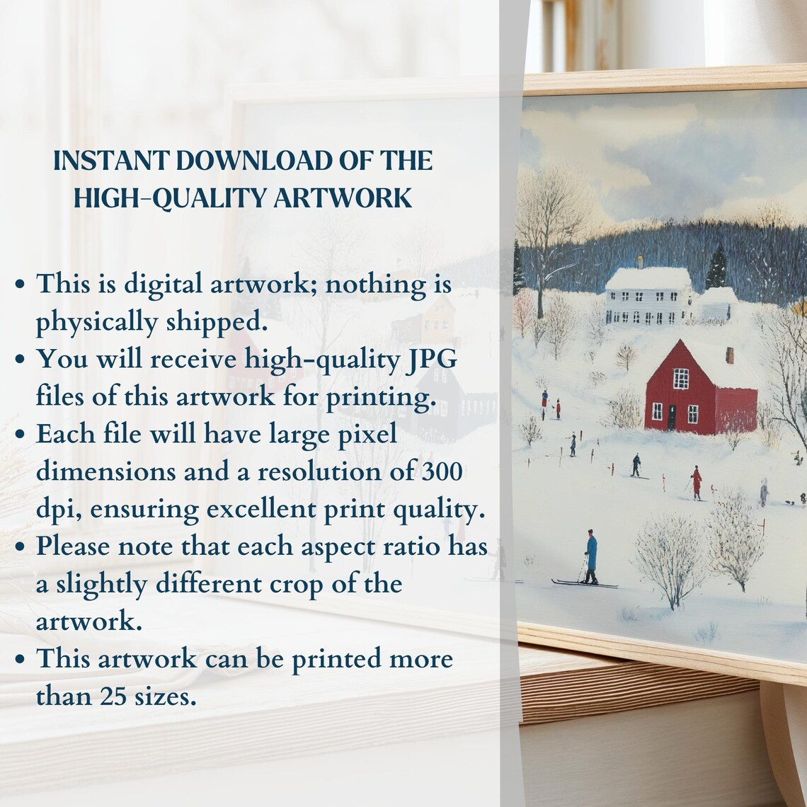 Winter Village Skiers On Snowy Hill Red Houses Folk Art Poster - Image 2