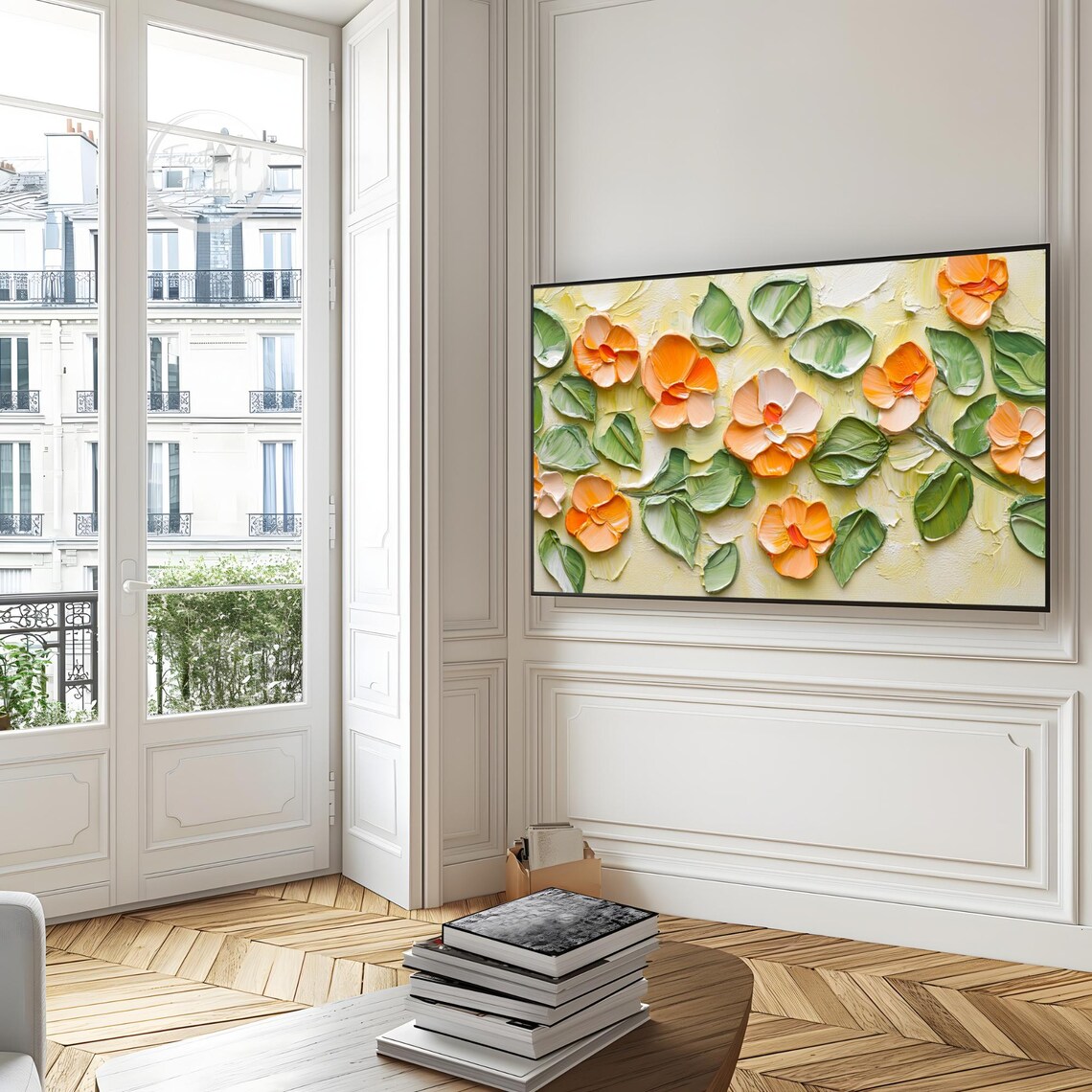 Orange Pop Art Flowers 3D Textured Floral Impasto Yellow Background Art Poster - Image 6