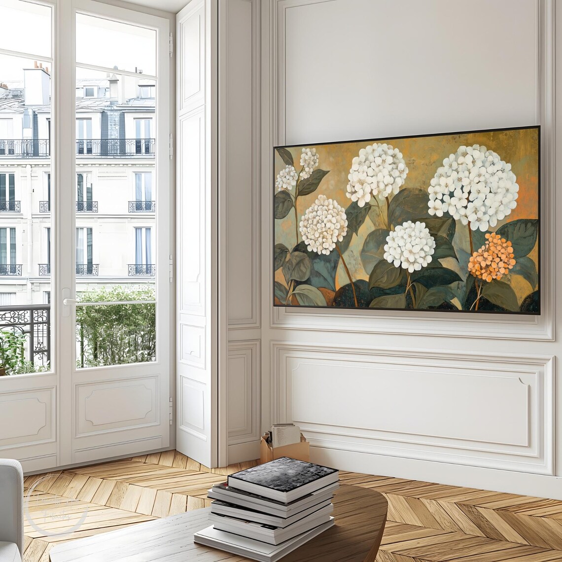 White Hydrangea Blossoms Golden Background Botanical Frame TV Art Poster - Image 3