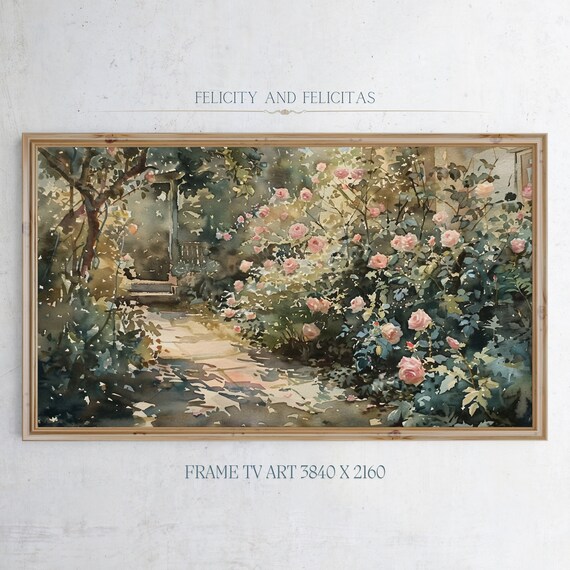 Watercolor Rose Garden Path Pink Roses Cottage Garden Scene Poster